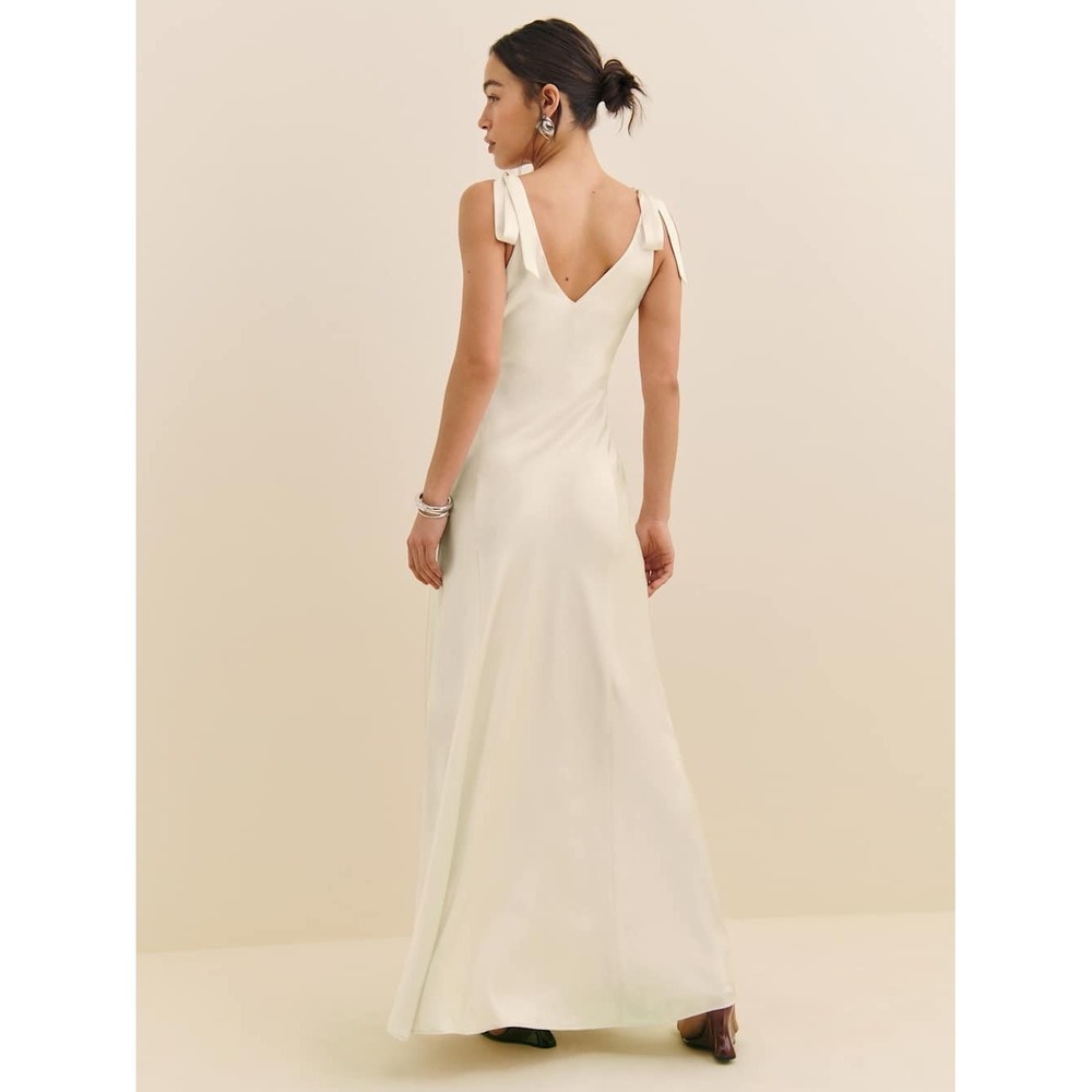 Reformation Pernille Silk Dress Ivory Bridal V Neck Tie Shoulder Maxi Gown New - Picture 4 of 8